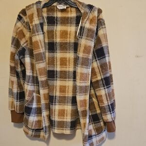 Cozy Plaid Teddy Hooded Jacket - Brown/Black